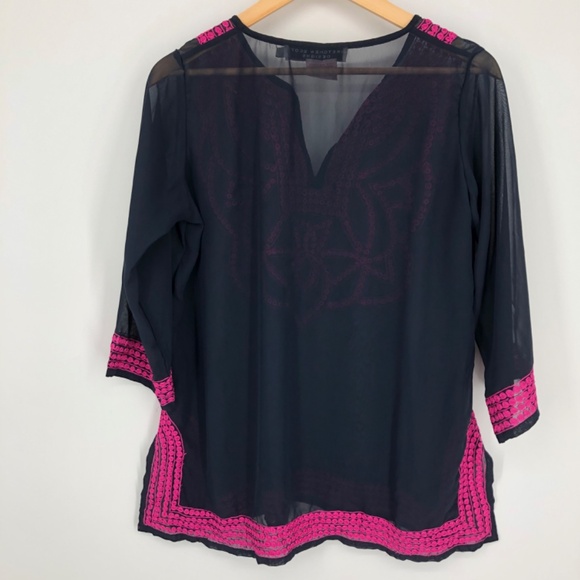 Gretchen Scott Designs Womens Blouse Size Medium Embroidered Sheer Blue Pink - Picture 8 of 12